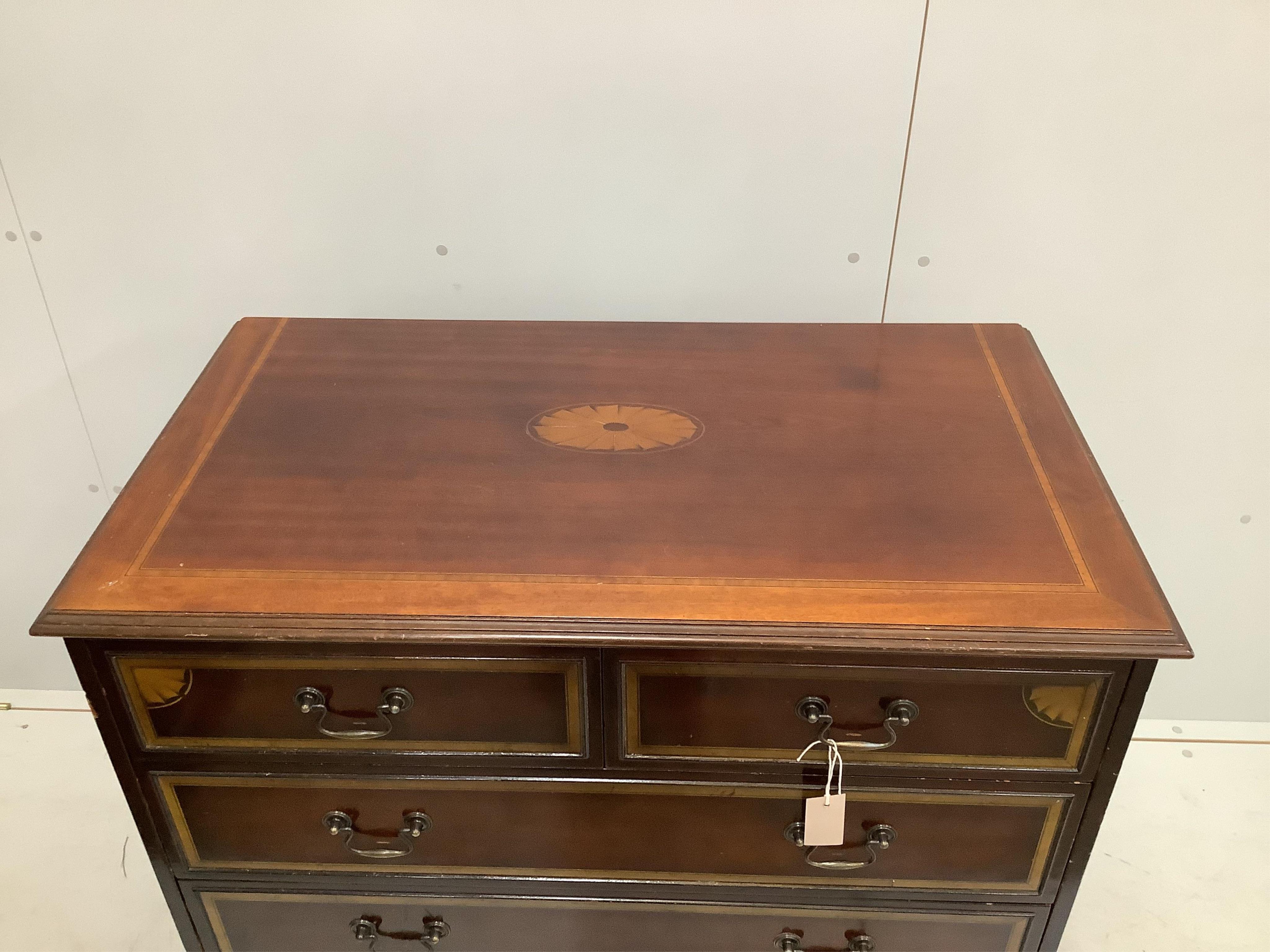 An Edwardian style inlaid mahogany chest of five drawers, width 94cm, depth 52cm, height 92cm